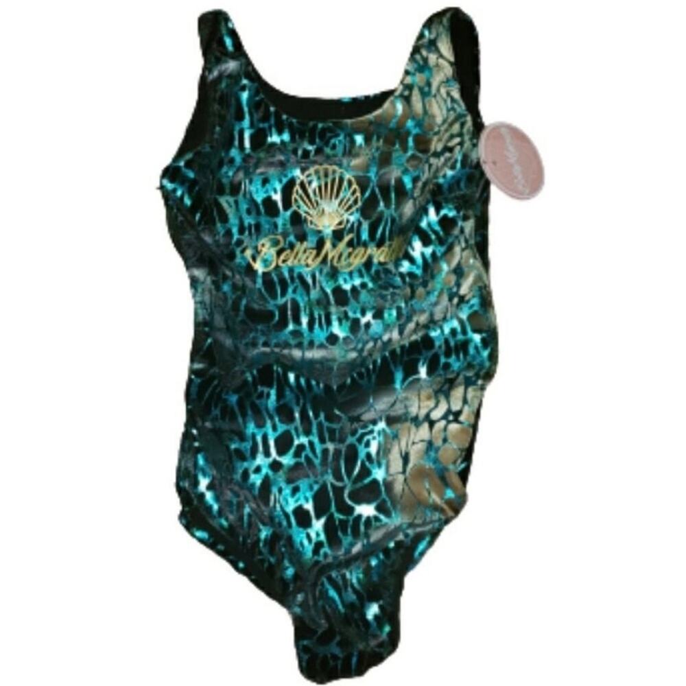 Bella McGrath Girl’s MD  One Piece Lined Blue Mermaid Shell Swimsuit NWT